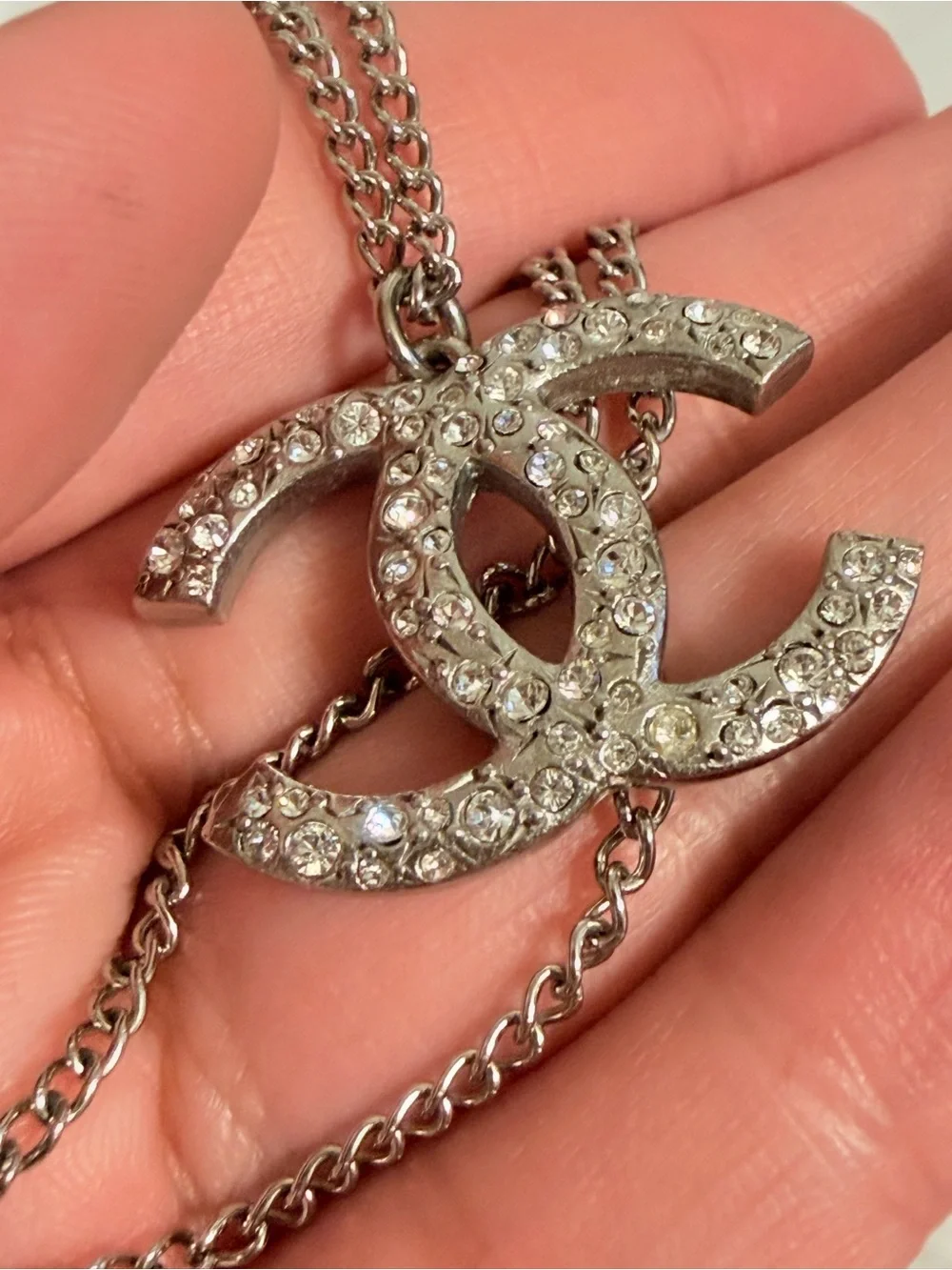 Chanel Silver Crystal CC Classic Pendant Necklace